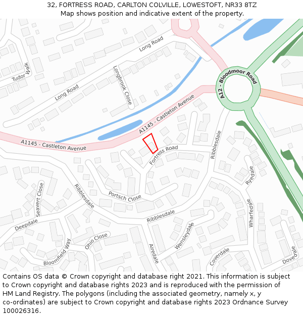 32, FORTRESS ROAD, CARLTON COLVILLE, LOWESTOFT, NR33 8TZ: Location map and indicative extent of plot