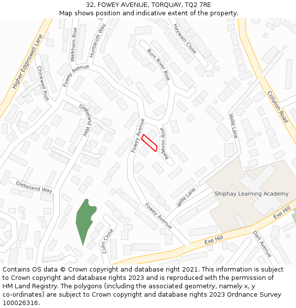 32, FOWEY AVENUE, TORQUAY, TQ2 7RE: Location map and indicative extent of plot