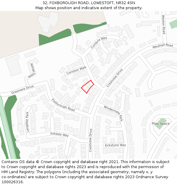 32, FOXBOROUGH ROAD, LOWESTOFT, NR32 4SN: Location map and indicative extent of plot