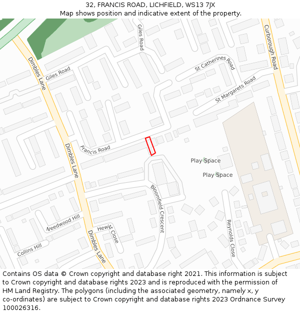 32, FRANCIS ROAD, LICHFIELD, WS13 7JX: Location map and indicative extent of plot
