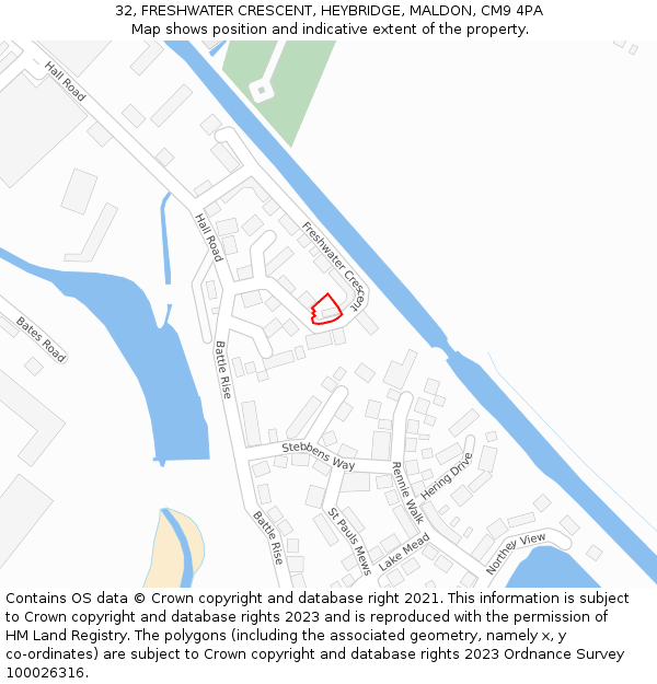 32, FRESHWATER CRESCENT, HEYBRIDGE, MALDON, CM9 4PA: Location map and indicative extent of plot