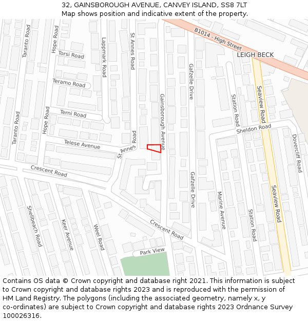 32, GAINSBOROUGH AVENUE, CANVEY ISLAND, SS8 7LT: Location map and indicative extent of plot