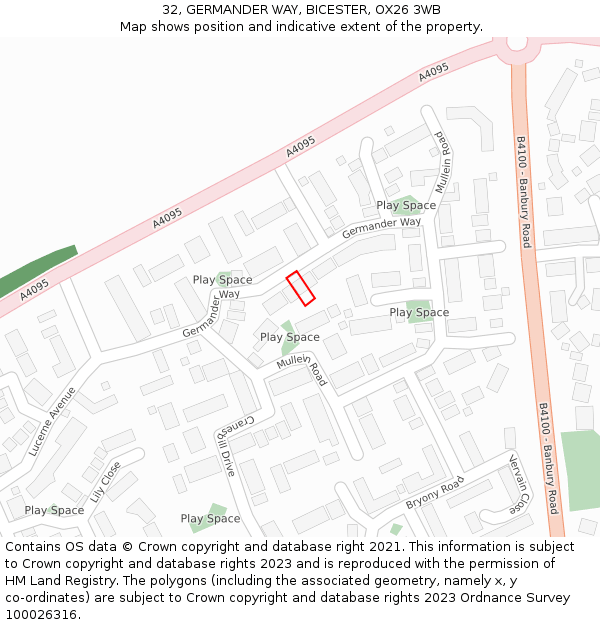 32, GERMANDER WAY, BICESTER, OX26 3WB: Location map and indicative extent of plot
