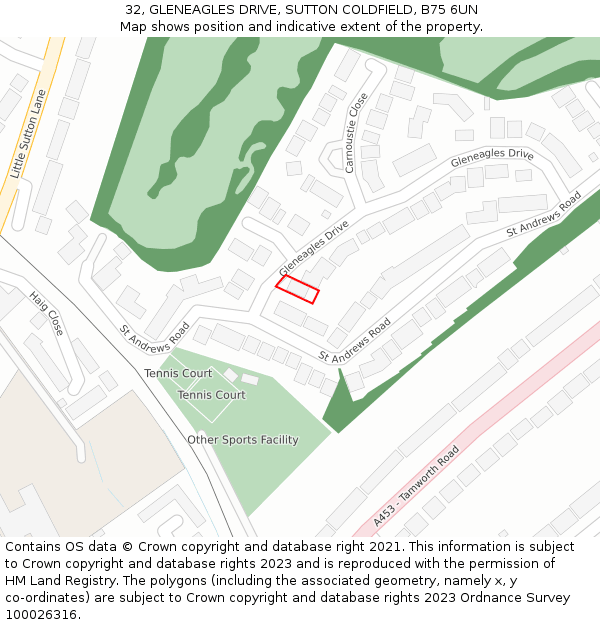 32, GLENEAGLES DRIVE, SUTTON COLDFIELD, B75 6UN: Location map and indicative extent of plot