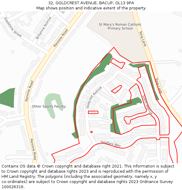 32, GOLDCREST AVENUE, BACUP, OL13 9PA: Location map and indicative extent of plot