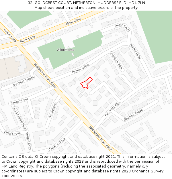 32, GOLDCREST COURT, NETHERTON, HUDDERSFIELD, HD4 7LN: Location map and indicative extent of plot