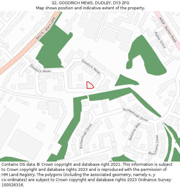 32, GOODRICH MEWS, DUDLEY, DY3 2FG: Location map and indicative extent of plot