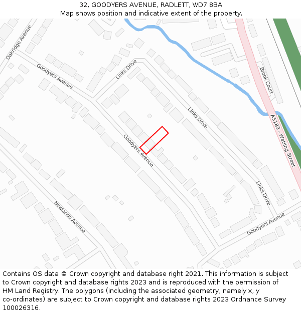32, GOODYERS AVENUE, RADLETT, WD7 8BA: Location map and indicative extent of plot