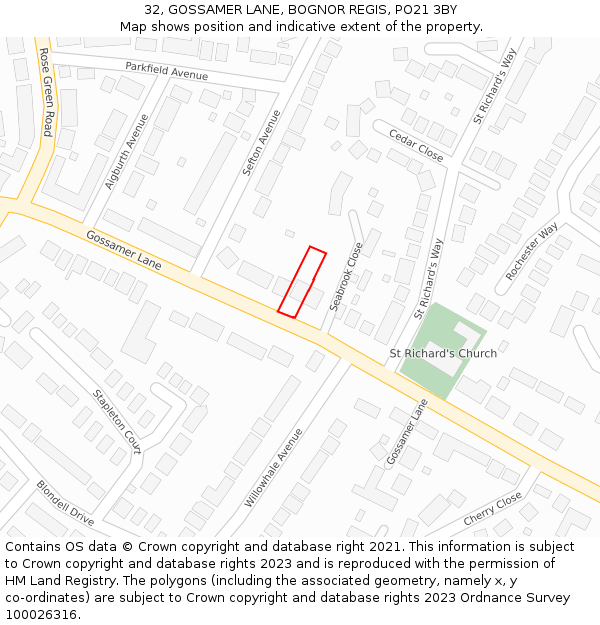 32, GOSSAMER LANE, BOGNOR REGIS, PO21 3BY: Location map and indicative extent of plot