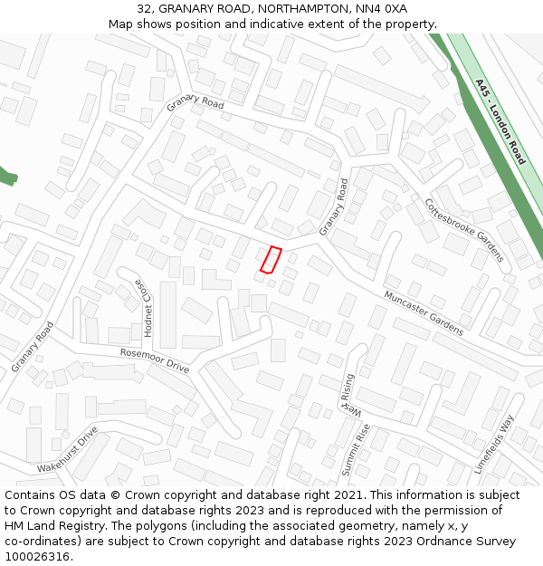 32, GRANARY ROAD, NORTHAMPTON, NN4 0XA: Location map and indicative extent of plot