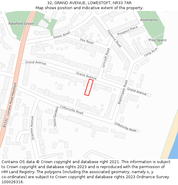 32, GRAND AVENUE, LOWESTOFT, NR33 7AR: Location map and indicative extent of plot