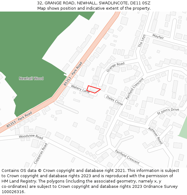 32, GRANGE ROAD, NEWHALL, SWADLINCOTE, DE11 0SZ: Location map and indicative extent of plot
