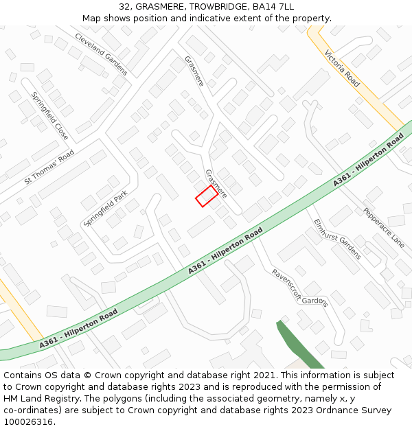 32, GRASMERE, TROWBRIDGE, BA14 7LL: Location map and indicative extent of plot
