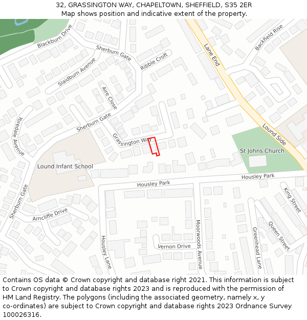 32, GRASSINGTON WAY, CHAPELTOWN, SHEFFIELD, S35 2ER: Location map and indicative extent of plot