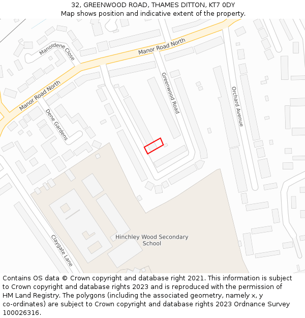 32, GREENWOOD ROAD, THAMES DITTON, KT7 0DY: Location map and indicative extent of plot
