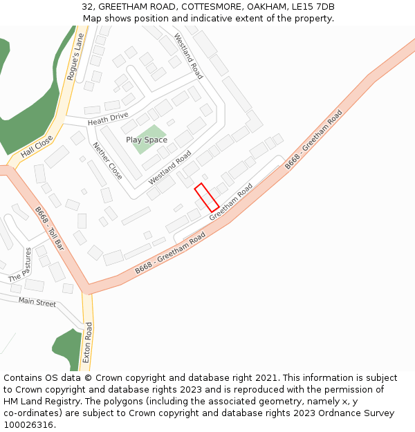 32, GREETHAM ROAD, COTTESMORE, OAKHAM, LE15 7DB: Location map and indicative extent of plot