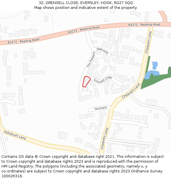32, GRENSELL CLOSE, EVERSLEY, HOOK, RG27 0QQ: Location map and indicative extent of plot