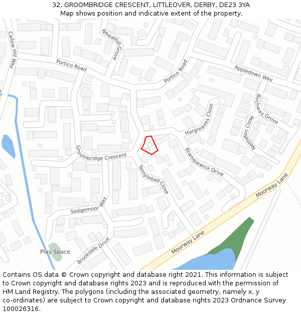 32, GROOMBRIDGE CRESCENT, LITTLEOVER, DERBY, DE23 3YA: Location map and indicative extent of plot