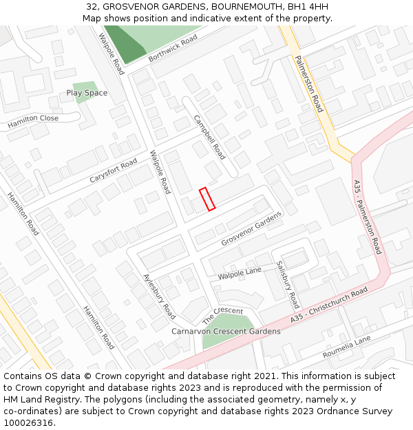 32, GROSVENOR GARDENS, BOURNEMOUTH, BH1 4HH: Location map and indicative extent of plot
