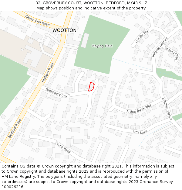 32, GROVEBURY COURT, WOOTTON, BEDFORD, MK43 9HZ: Location map and indicative extent of plot
