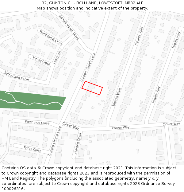 32, GUNTON CHURCH LANE, LOWESTOFT, NR32 4LF: Location map and indicative extent of plot