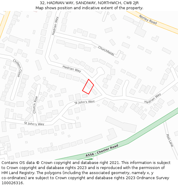 32, HADRIAN WAY, SANDIWAY, NORTHWICH, CW8 2JR: Location map and indicative extent of plot