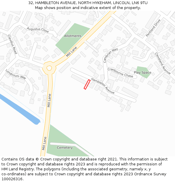 32, HAMBLETON AVENUE, NORTH HYKEHAM, LINCOLN, LN6 9TU: Location map and indicative extent of plot