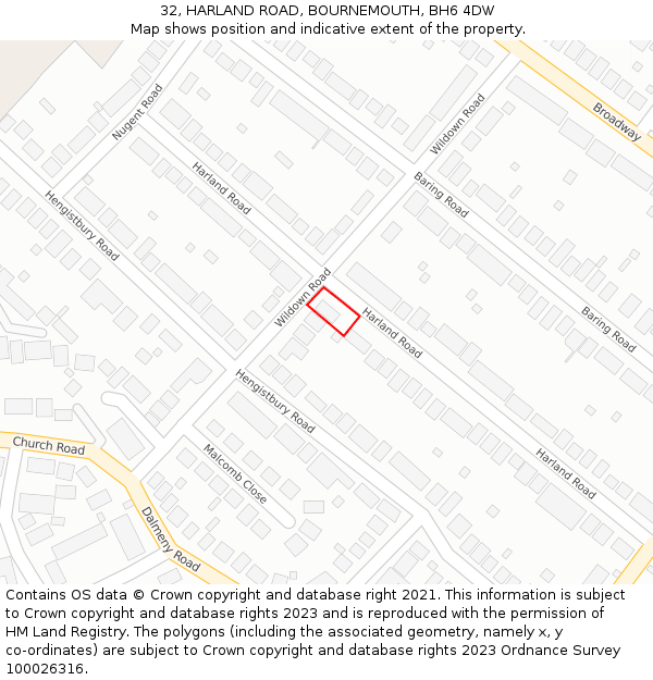 32, HARLAND ROAD, BOURNEMOUTH, BH6 4DW: Location map and indicative extent of plot