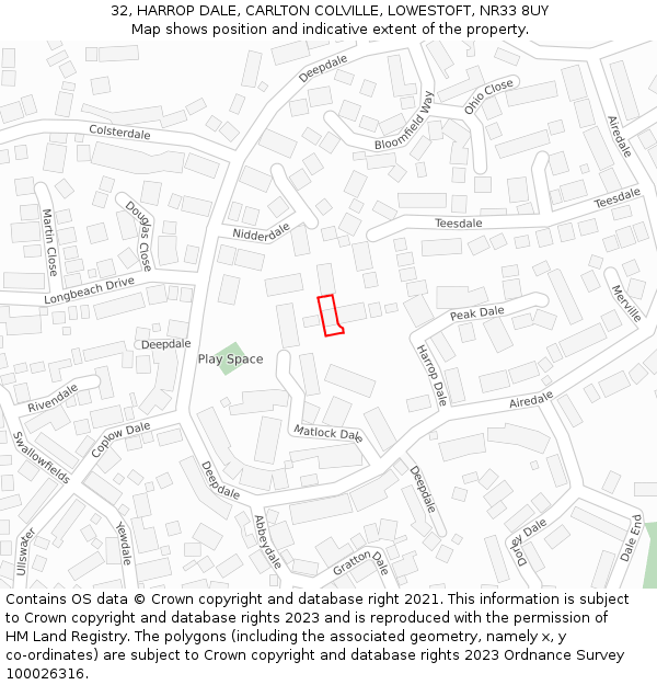 32, HARROP DALE, CARLTON COLVILLE, LOWESTOFT, NR33 8UY: Location map and indicative extent of plot