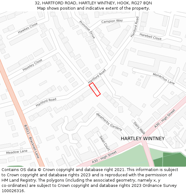 32, HARTFORD ROAD, HARTLEY WINTNEY, HOOK, RG27 8QN: Location map and indicative extent of plot