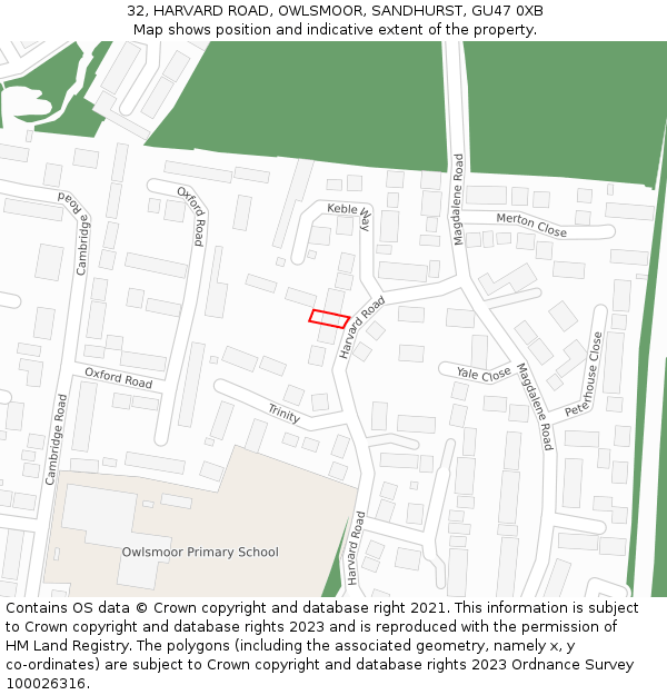 32, HARVARD ROAD, OWLSMOOR, SANDHURST, GU47 0XB: Location map and indicative extent of plot