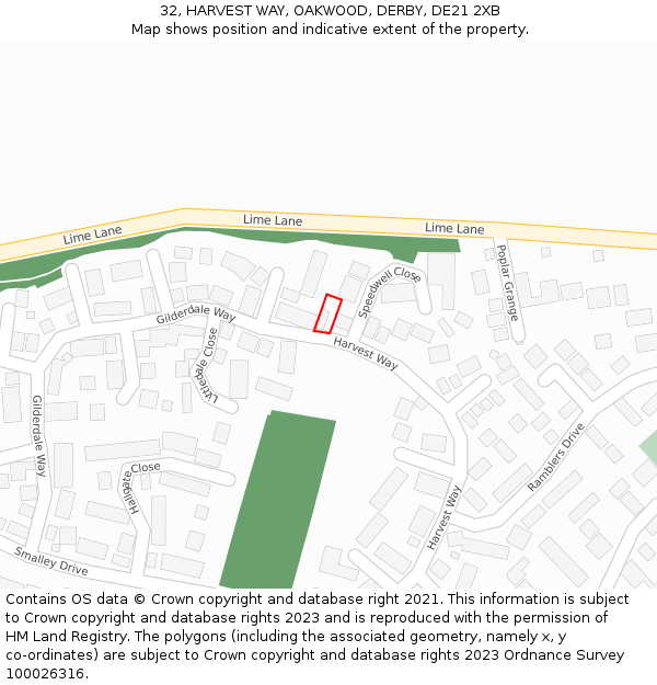 32, HARVEST WAY, OAKWOOD, DERBY, DE21 2XB: Location map and indicative extent of plot