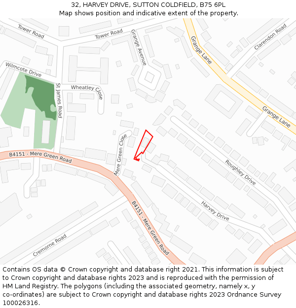32, HARVEY DRIVE, SUTTON COLDFIELD, B75 6PL: Location map and indicative extent of plot