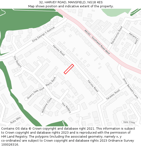 32, HARVEY ROAD, MANSFIELD, NG18 4ES: Location map and indicative extent of plot
