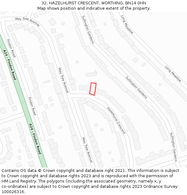 32, HAZELHURST CRESCENT, WORTHING, BN14 0HN: Location map and indicative extent of plot