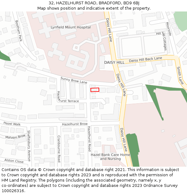 32, HAZELHURST ROAD, BRADFORD, BD9 6BJ: Location map and indicative extent of plot