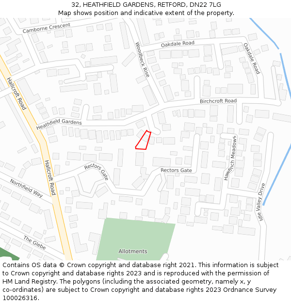 32, HEATHFIELD GARDENS, RETFORD, DN22 7LG: Location map and indicative extent of plot