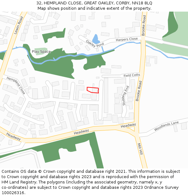 32, HEMPLAND CLOSE, GREAT OAKLEY, CORBY, NN18 8LQ: Location map and indicative extent of plot