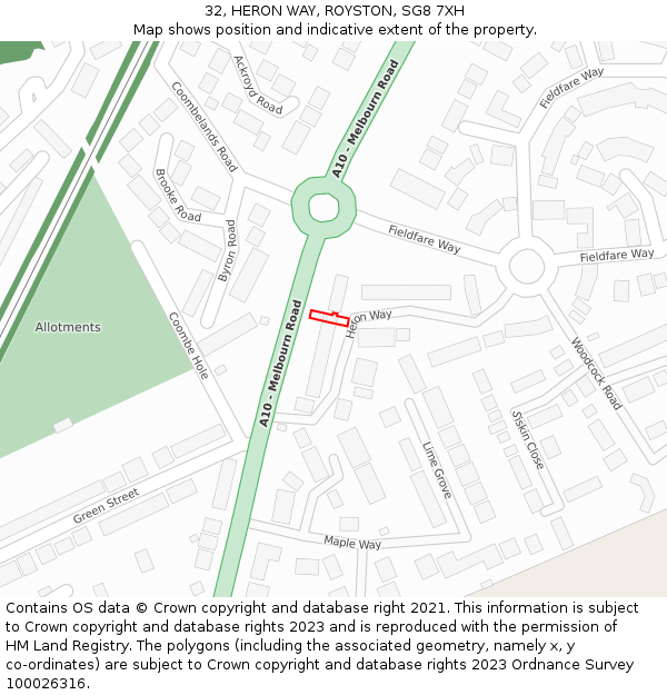 32, HERON WAY, ROYSTON, SG8 7XH: Location map and indicative extent of plot