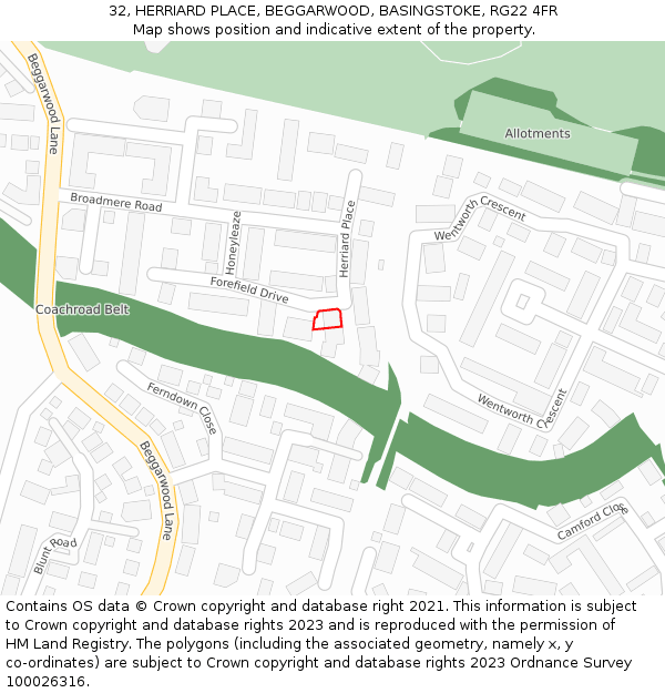 32, HERRIARD PLACE, BEGGARWOOD, BASINGSTOKE, RG22 4FR: Location map and indicative extent of plot
