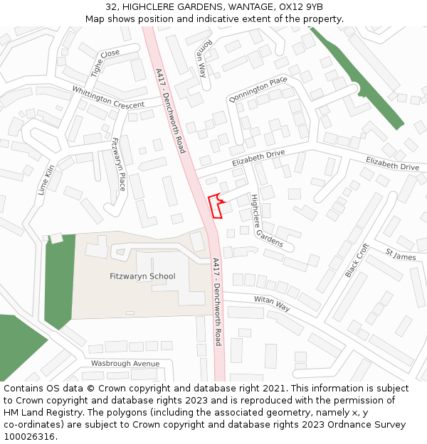 32, HIGHCLERE GARDENS, WANTAGE, OX12 9YB: Location map and indicative extent of plot