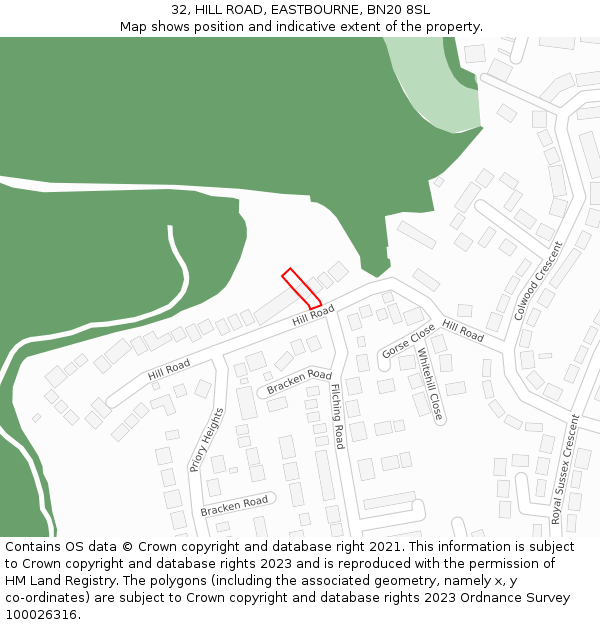 32, HILL ROAD, EASTBOURNE, BN20 8SL: Location map and indicative extent of plot