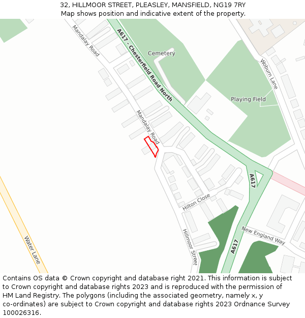 32, HILLMOOR STREET, PLEASLEY, MANSFIELD, NG19 7RY: Location map and indicative extent of plot
