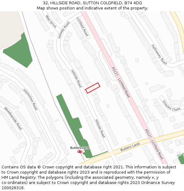 32, HILLSIDE ROAD, SUTTON COLDFIELD, B74 4DQ: Location map and indicative extent of plot