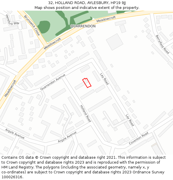 32, HOLLAND ROAD, AYLESBURY, HP19 9JJ: Location map and indicative extent of plot
