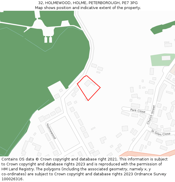 32, HOLMEWOOD, HOLME, PETERBOROUGH, PE7 3PG: Location map and indicative extent of plot