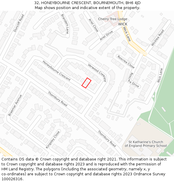 32, HONEYBOURNE CRESCENT, BOURNEMOUTH, BH6 4JD: Location map and indicative extent of plot