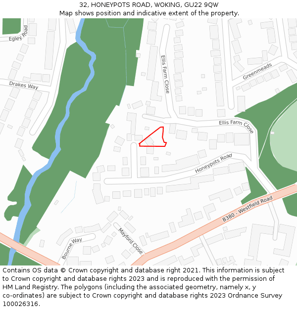 32, HONEYPOTS ROAD, WOKING, GU22 9QW: Location map and indicative extent of plot