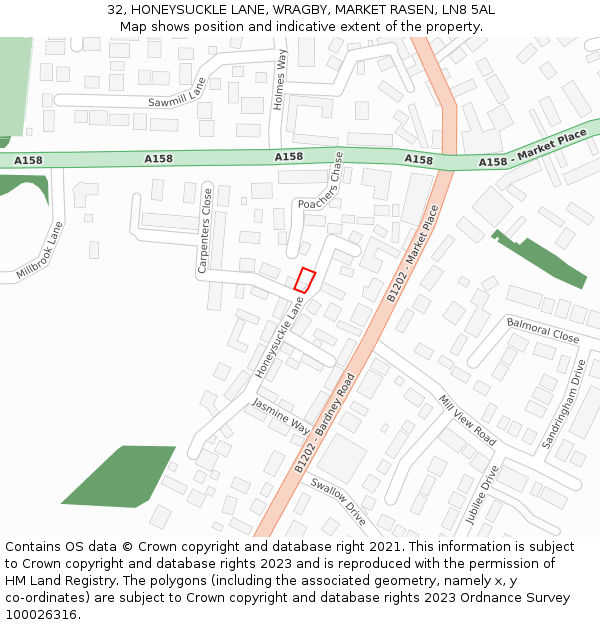 32, HONEYSUCKLE LANE, WRAGBY, MARKET RASEN, LN8 5AL: Location map and indicative extent of plot