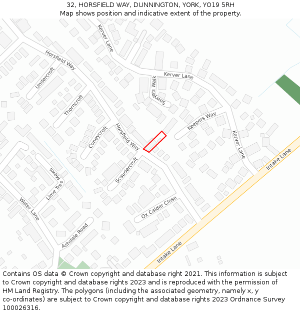 32, HORSFIELD WAY, DUNNINGTON, YORK, YO19 5RH: Location map and indicative extent of plot